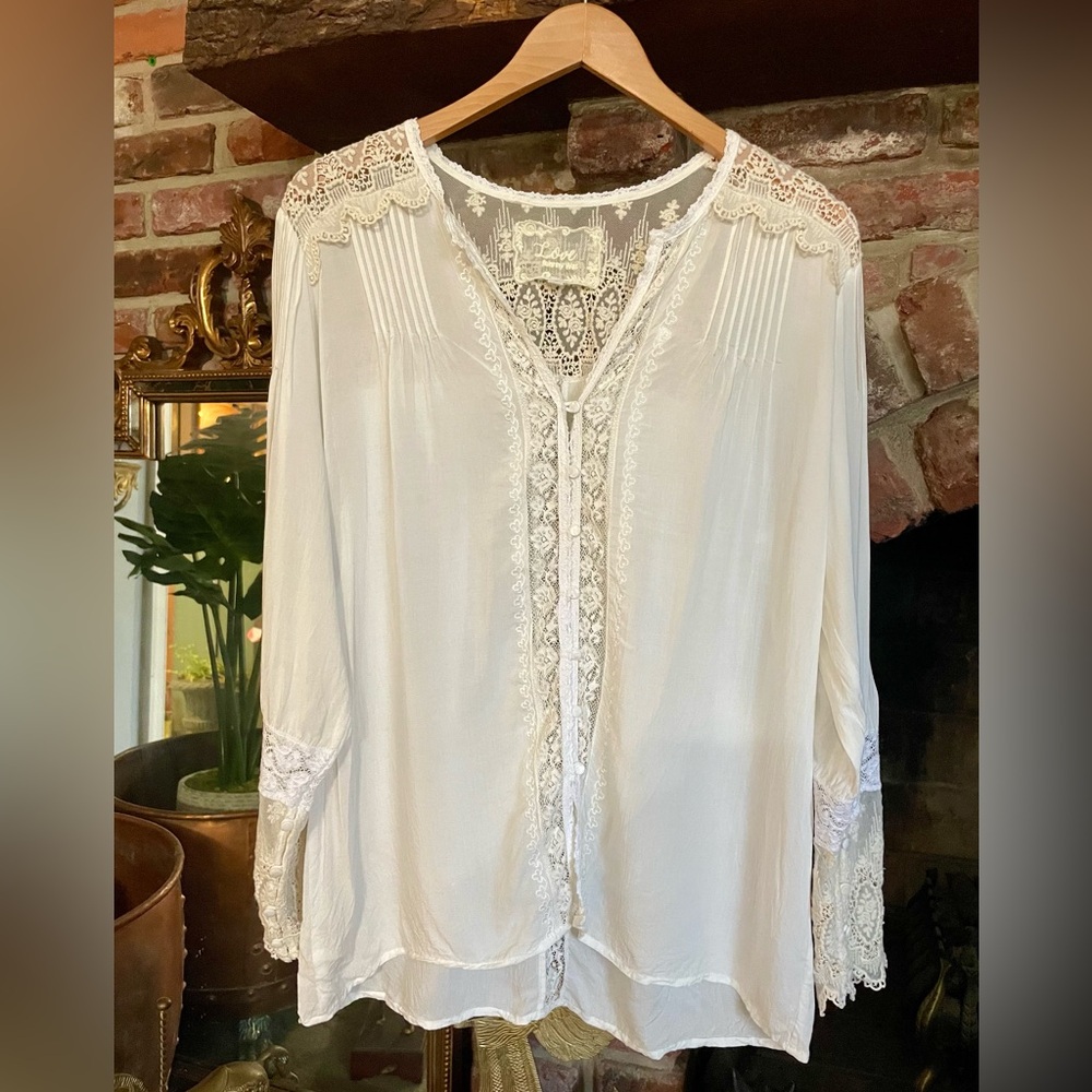Johnny Was | Love Ivory + Ecru Lace-Trim Pintuck Victorian Boho Romantic Top S - Picture 2 of 16